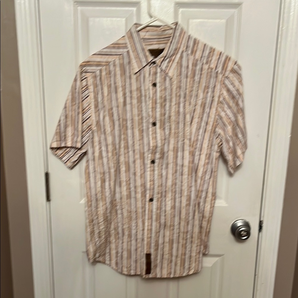 Margaritaville Striped Tan and Brown Men's Shirt floral print and embroidered
